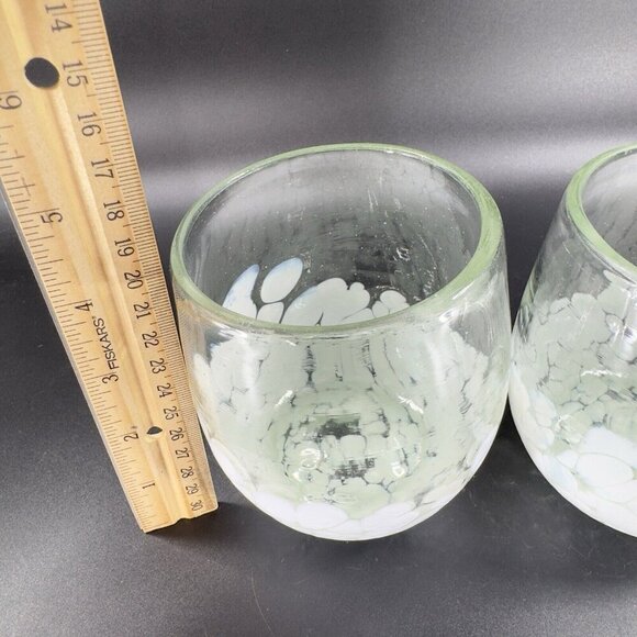 Hand Blown Glass Set 2 Stemless Tumblers Drinking Glasses Cups Clear White Spots - Picture 3 of 13